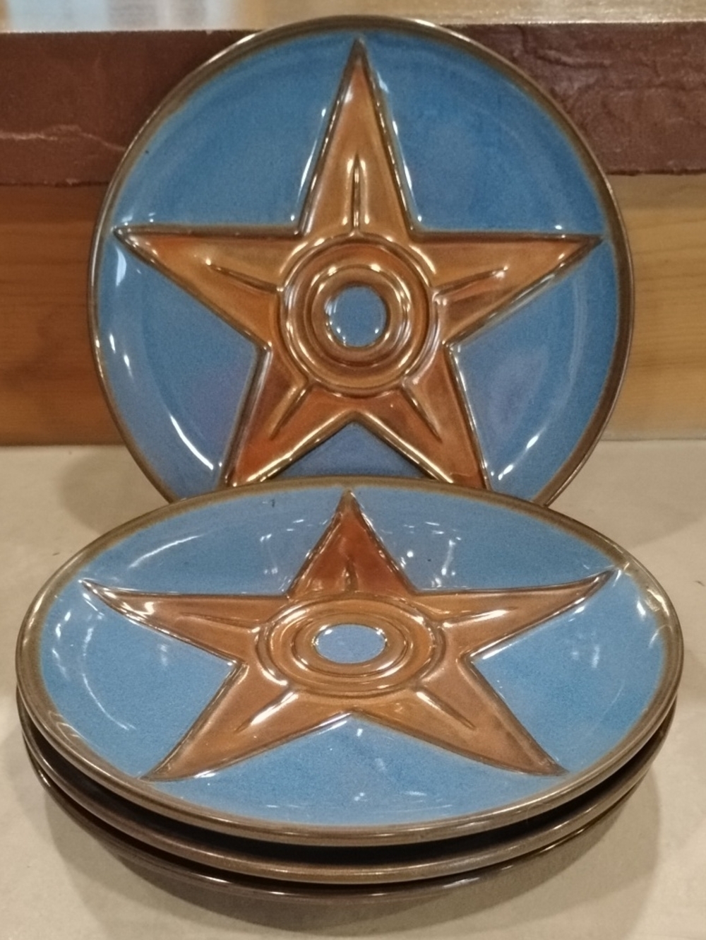VTG 4pc Montana Lifestyles Iron Star Salad Plates Blue Dinnerware Discontinued